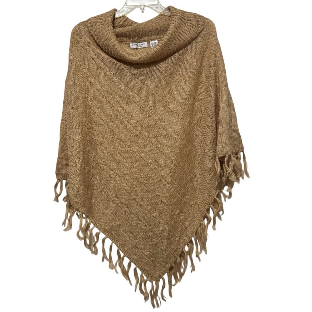 Cable Knit Fringe Sweater Poncho Cowl Neck Tan Mohair Blend One Size NWOT
